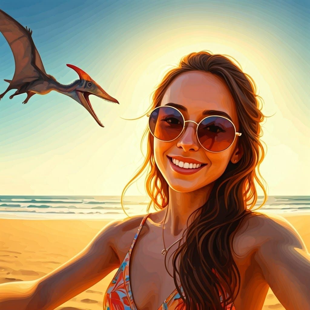 Woman's Beach Selfie with Pterodactyl Photobomb