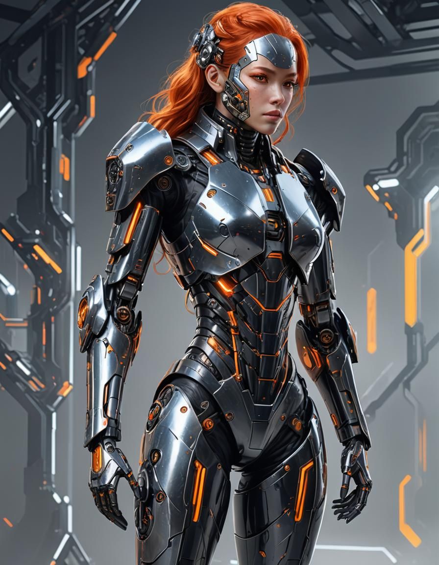 Futuristic Female Cyborg in Sleek Exoskeleton Suit