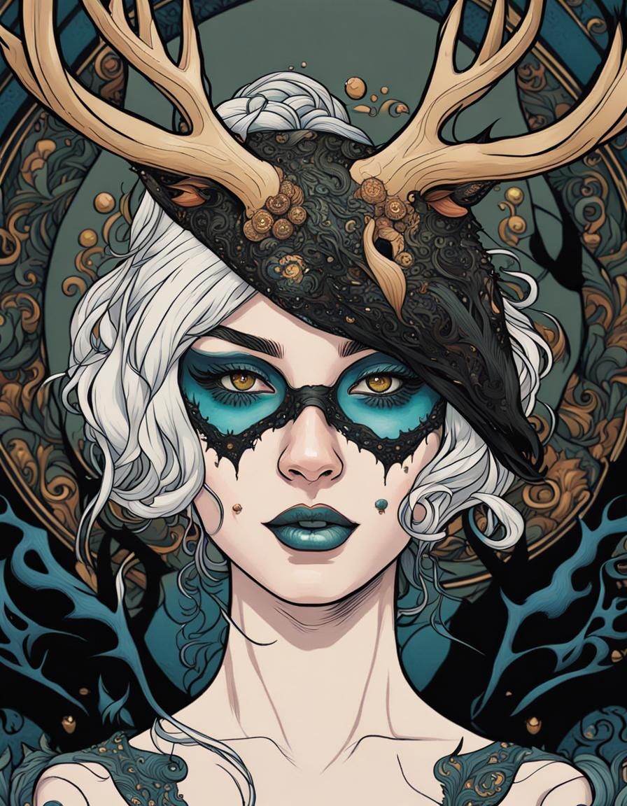 Girl with Spider Eyes and Antlers in Art Nouveau Style