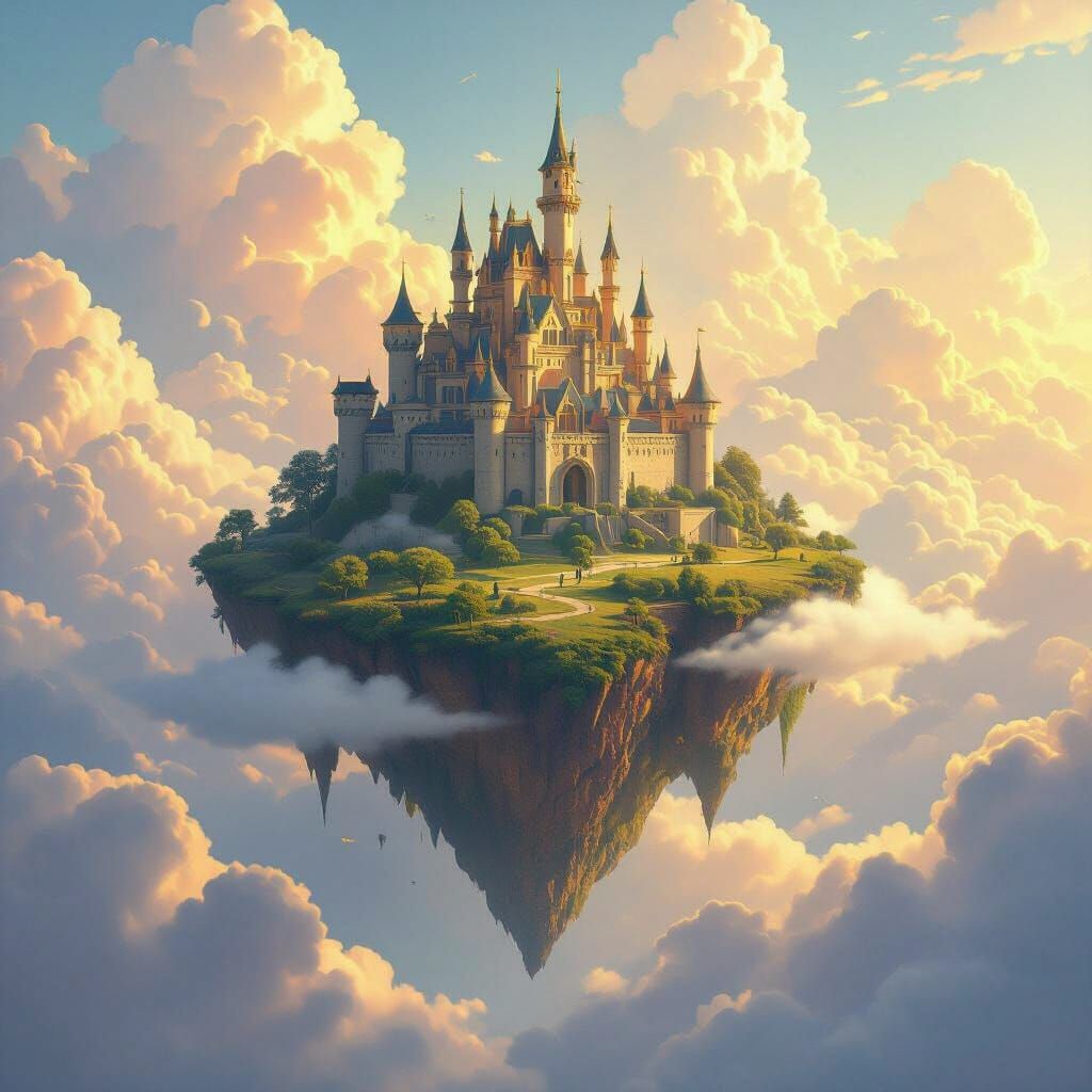 Majestic Floating Island Castle in Golden Sunlight