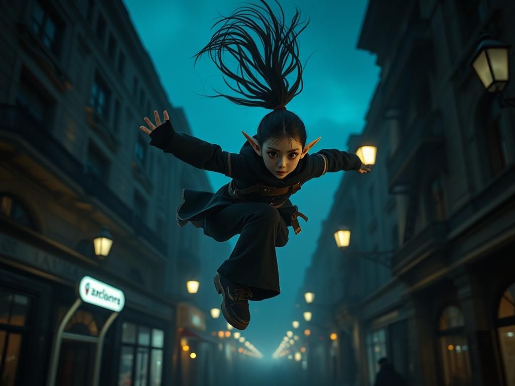 Anime Elf Parkour in Gothic City at Night