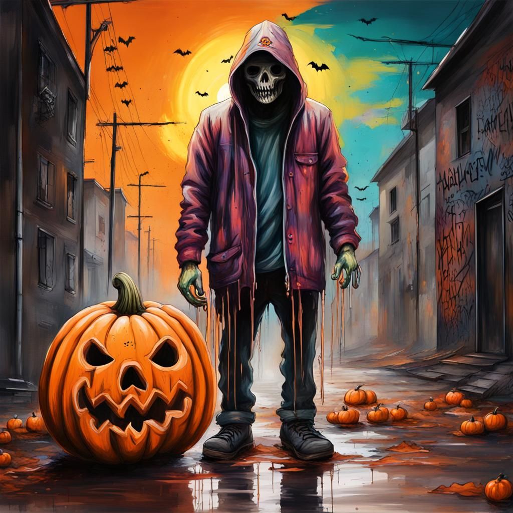 Pumpkin Human on Halloween Night: Graffiti Art