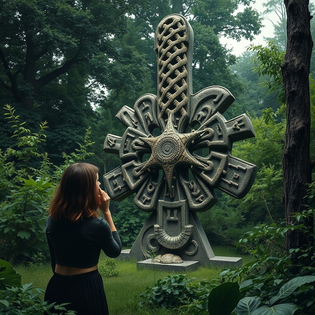 Woman Studies Puzzling Sculpture Amidst Lush Greenery