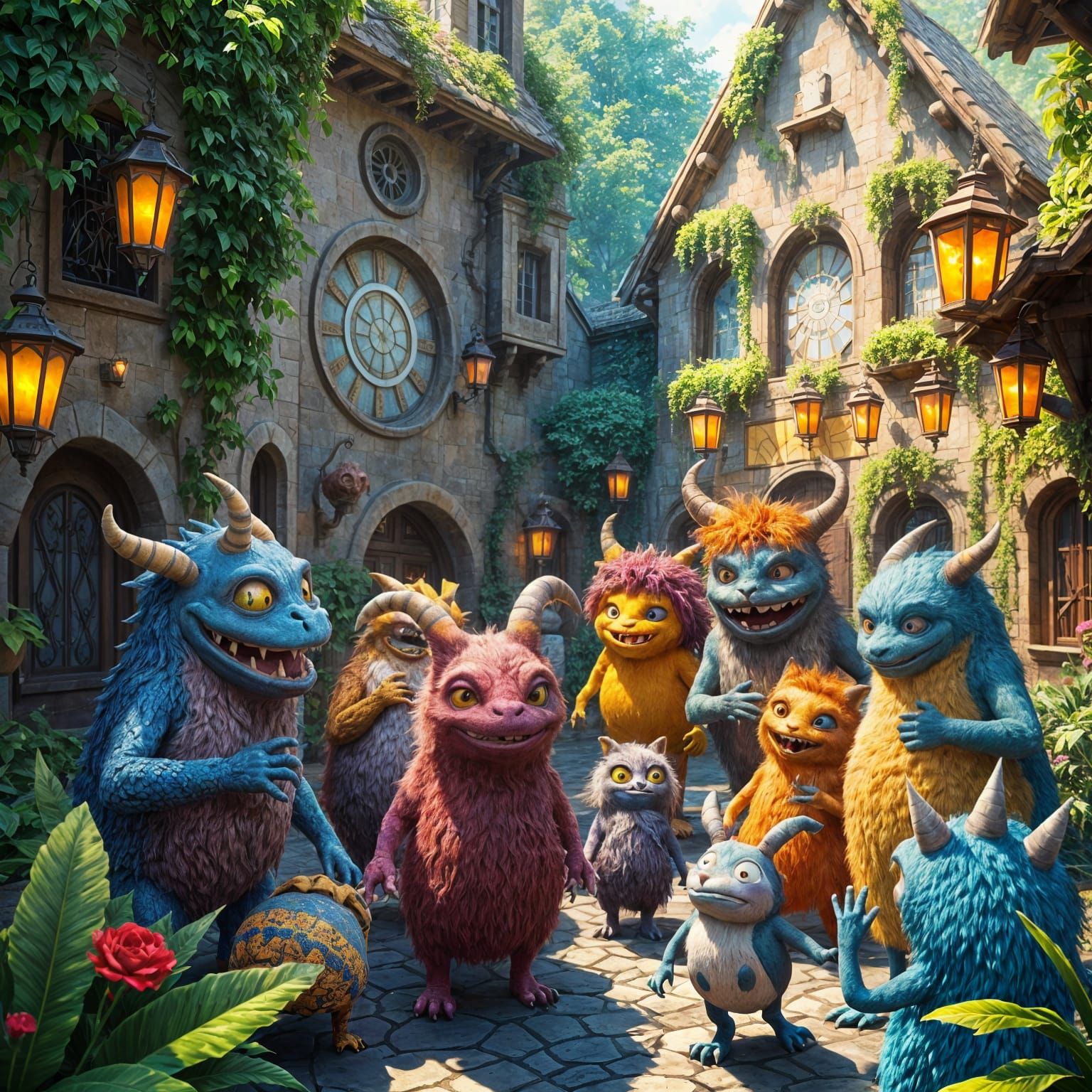 Friendly Monster Neighbors in Vibrant Impressionist Courtyar...