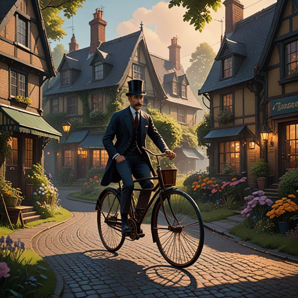 Edwardian Gentleman Pedals Through Whimsical Village