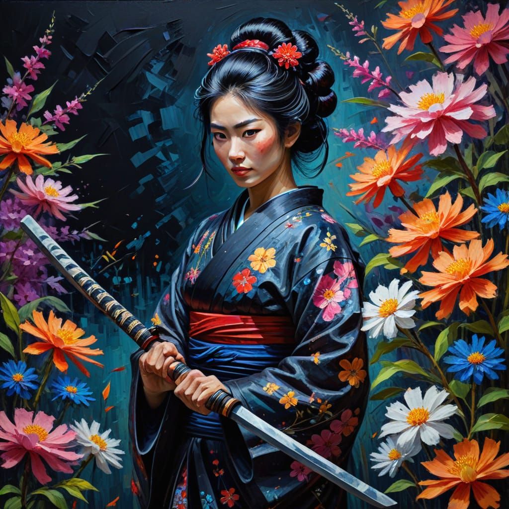 Geisha Samurai Among Flowers: Neo-Impressionist Oil Painting