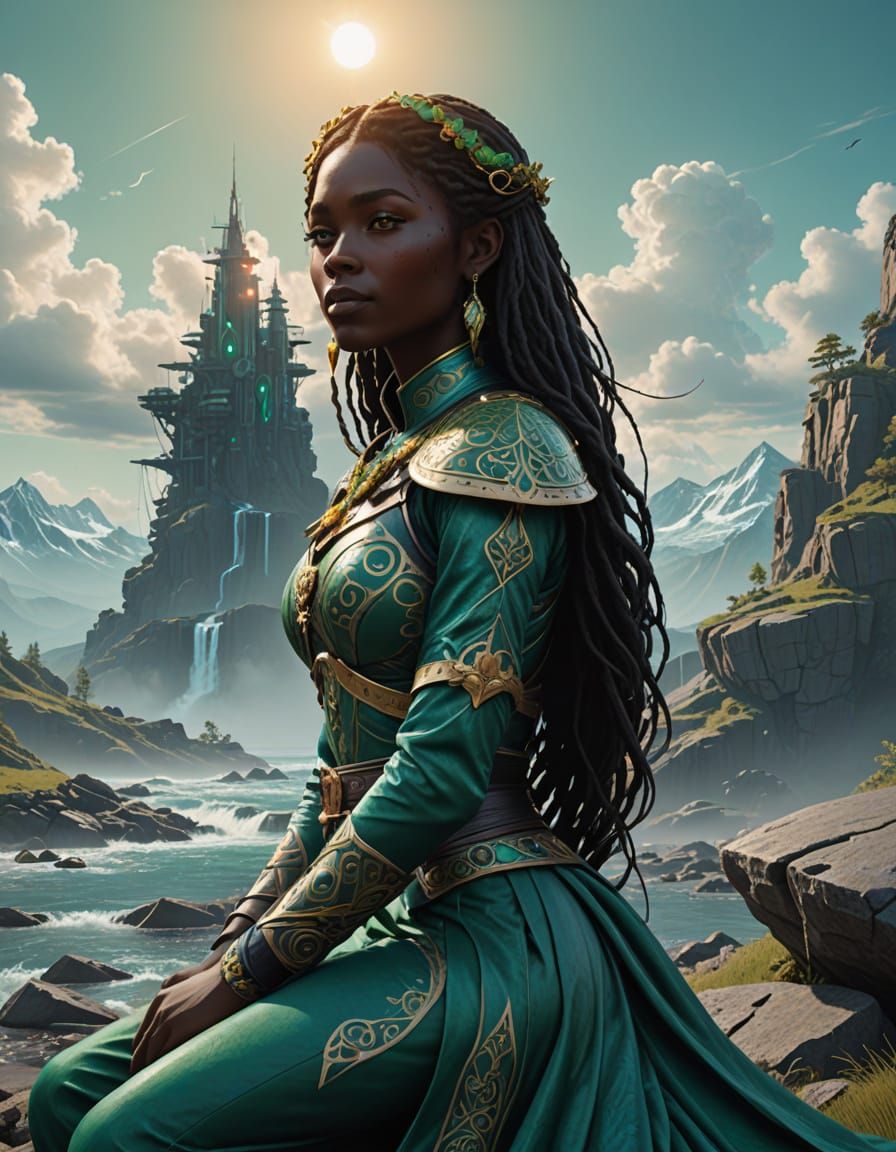 Mystical Green Goddess in Tidalpunk Attire