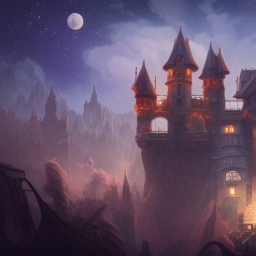 Fantasy Castle Balcony Scene with Shooting Stars