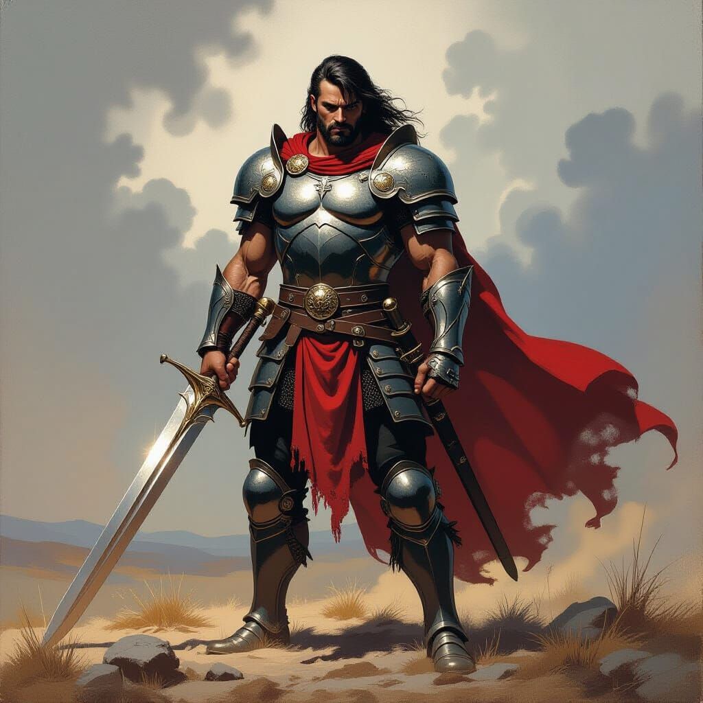 Heroic Warrior in Shining Armor on Battlefield