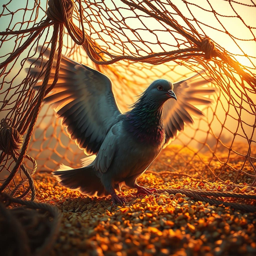 Frantic Pigeon Trapped in a Tattered Net, Golden Grains Spil...