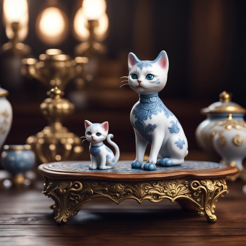 Miniature Porcelain Kittens on Ornate Table