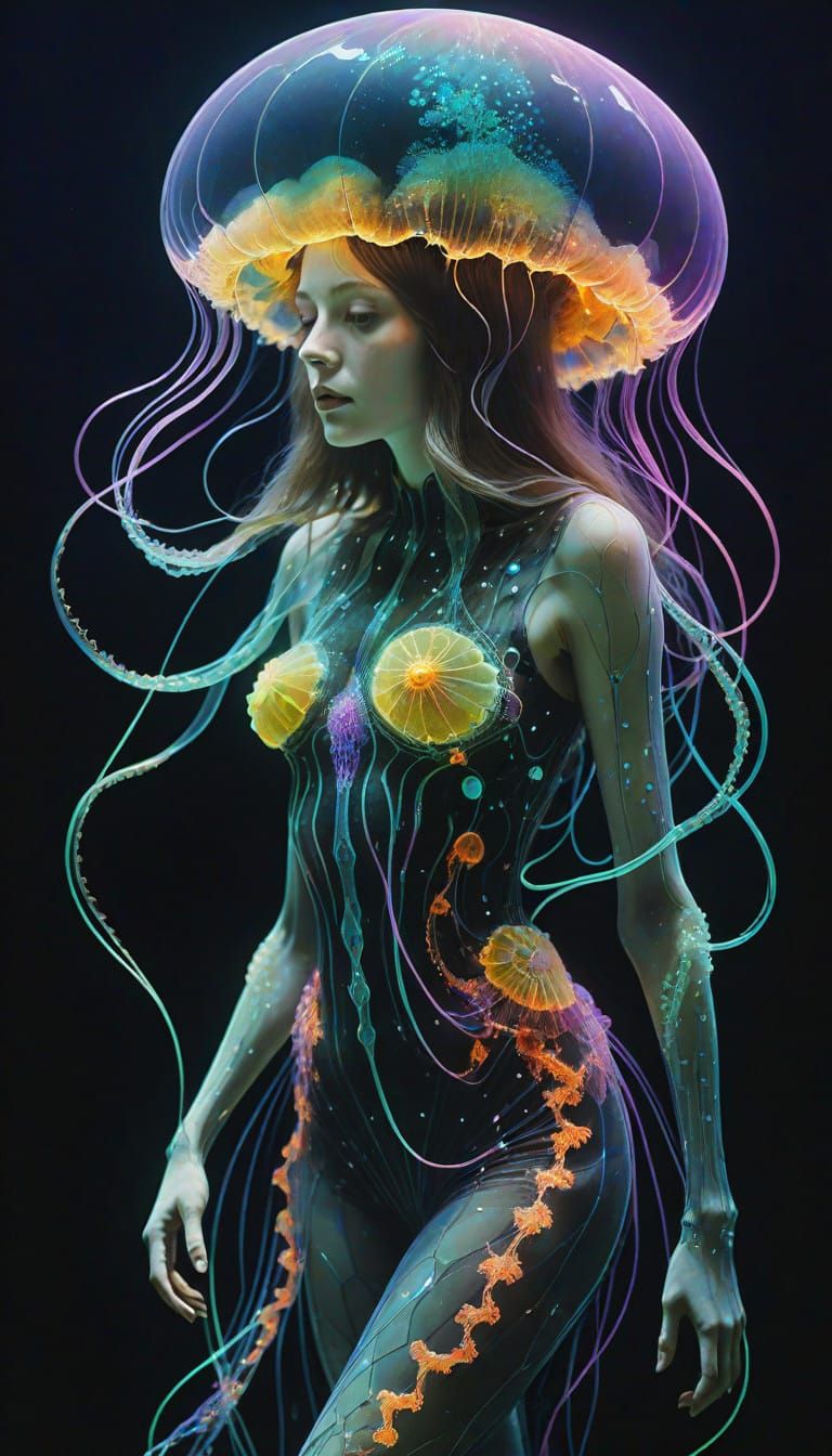 Curvy Woman Shines with Bioluminescent Jellyfish in Vibrant...