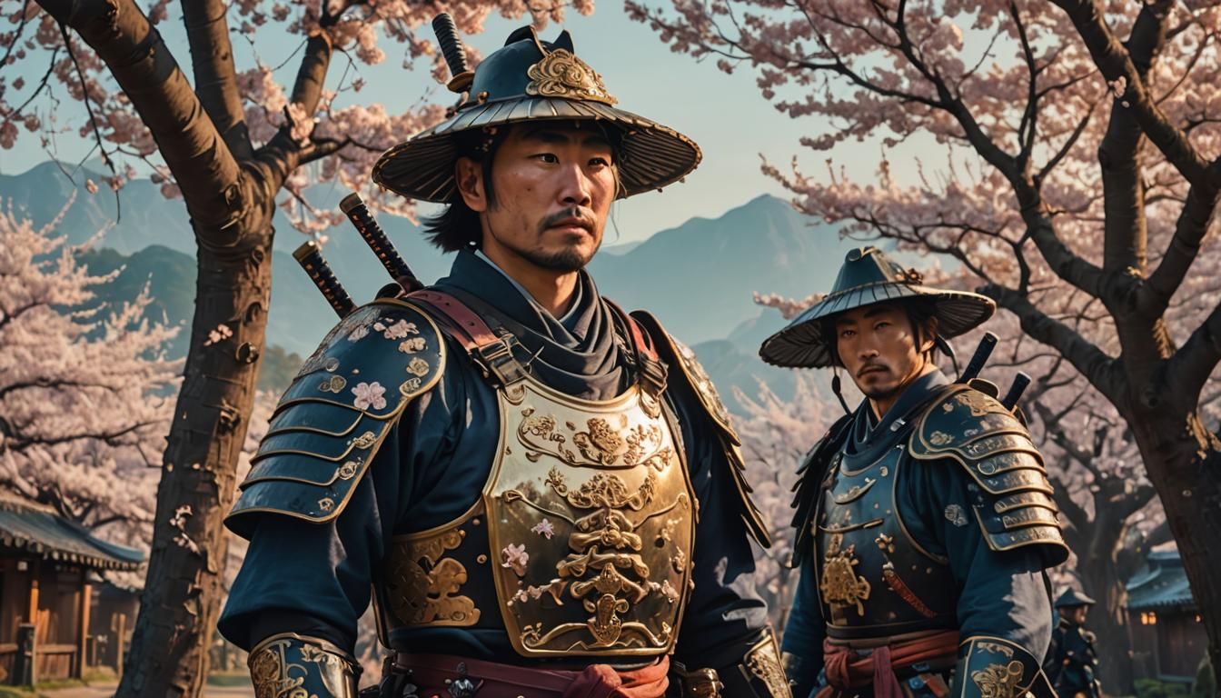 Samurai in Cherry Blossom Village, Golden Hour