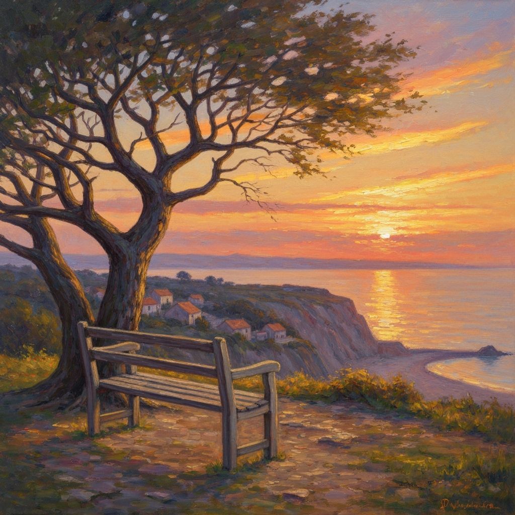 Impressionist Sunset Over Seaside Village on Cliff