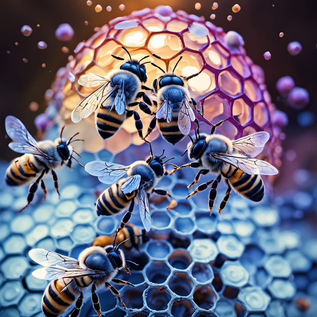 Honeybees Working in a Golden Lit Honeycomb
