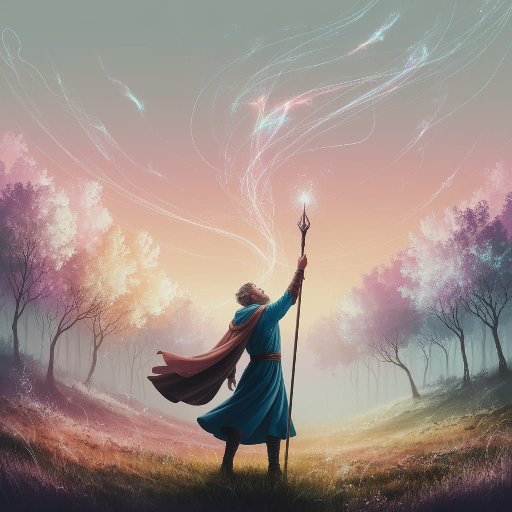 Merlin Casting a Spell in Impressionistic Landscape