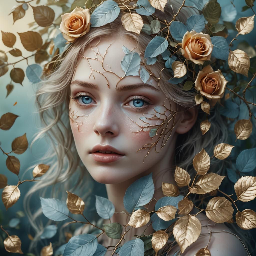 Surreal Portrait: Woman Merging with Rose and Leaves