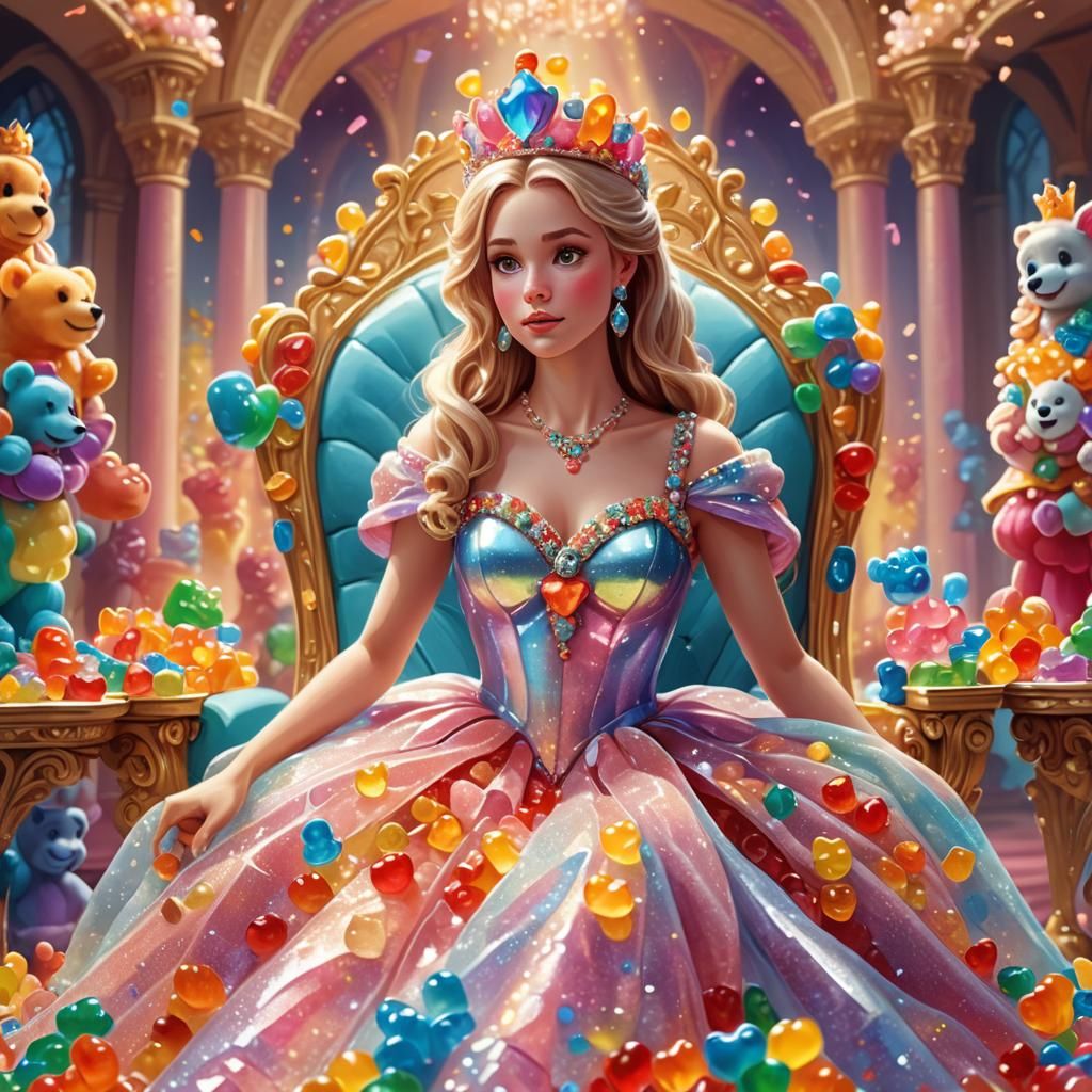 Gummy Bear Princess on Candy Throne: Digital Art