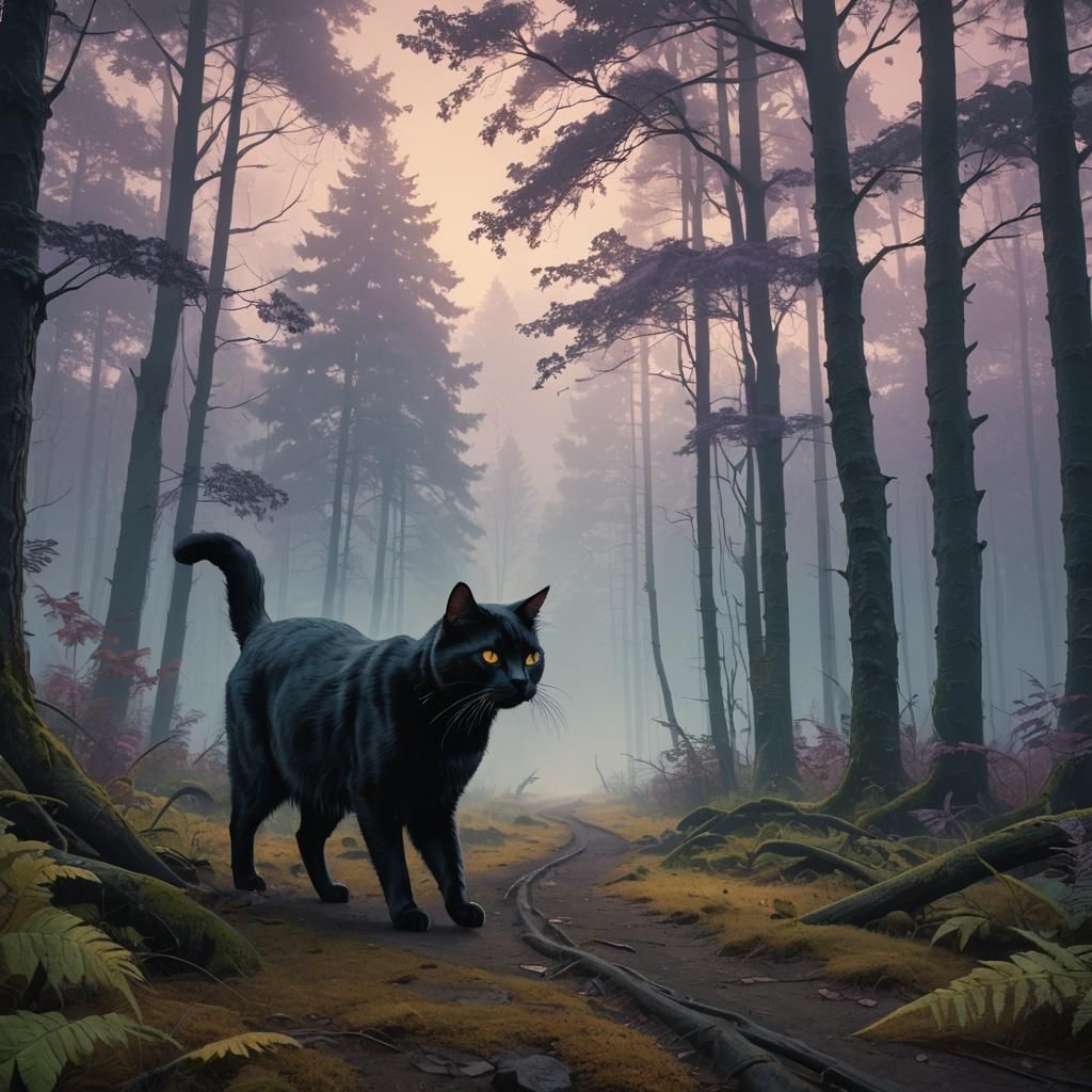 Black Cat in Misty Forest Digital Painting
