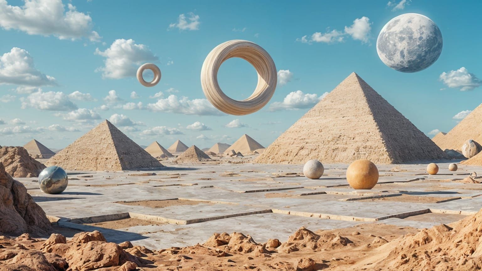 Surreal Landscape with Pyramids and Floating Rings