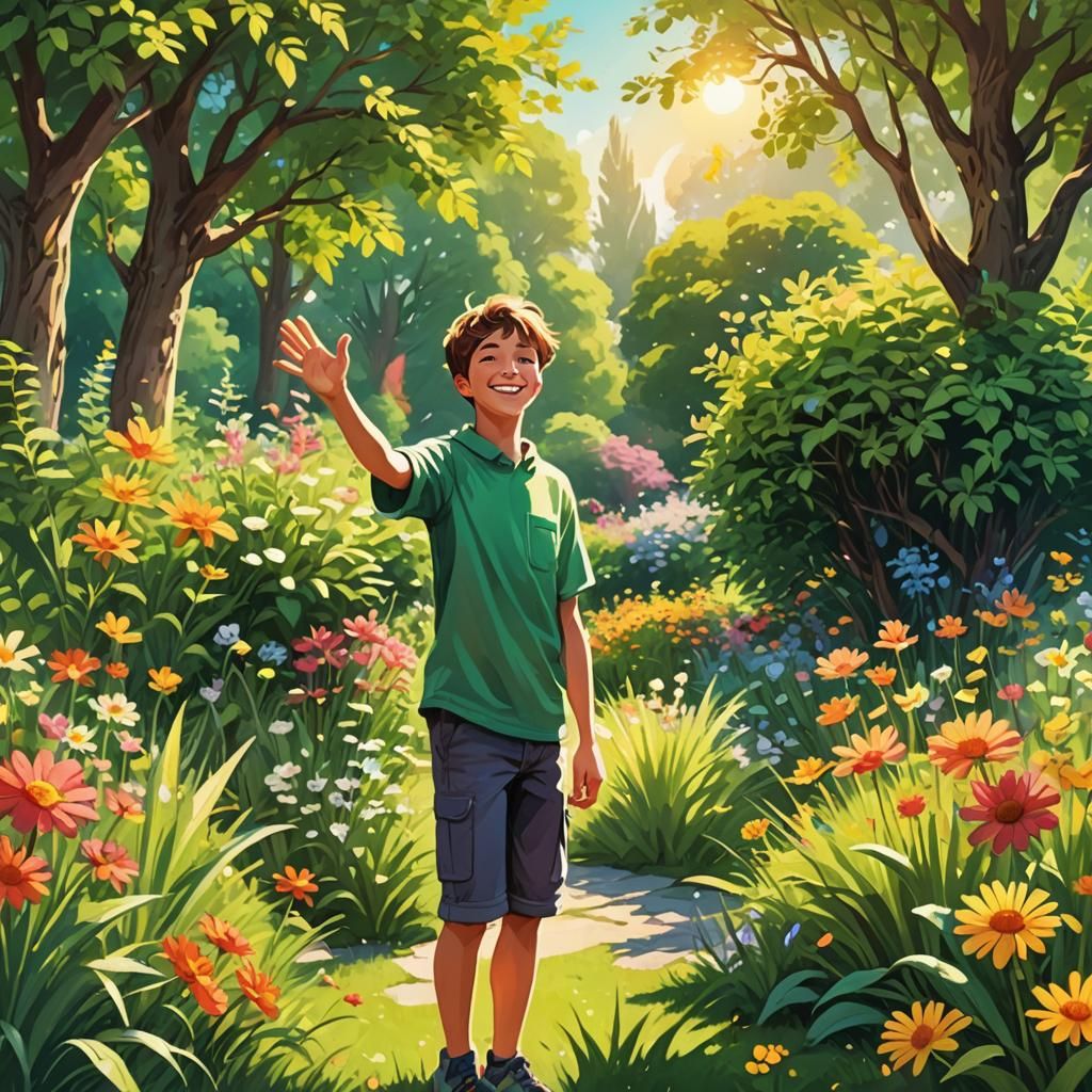 Happy Boy Waving in a Sunny Garden