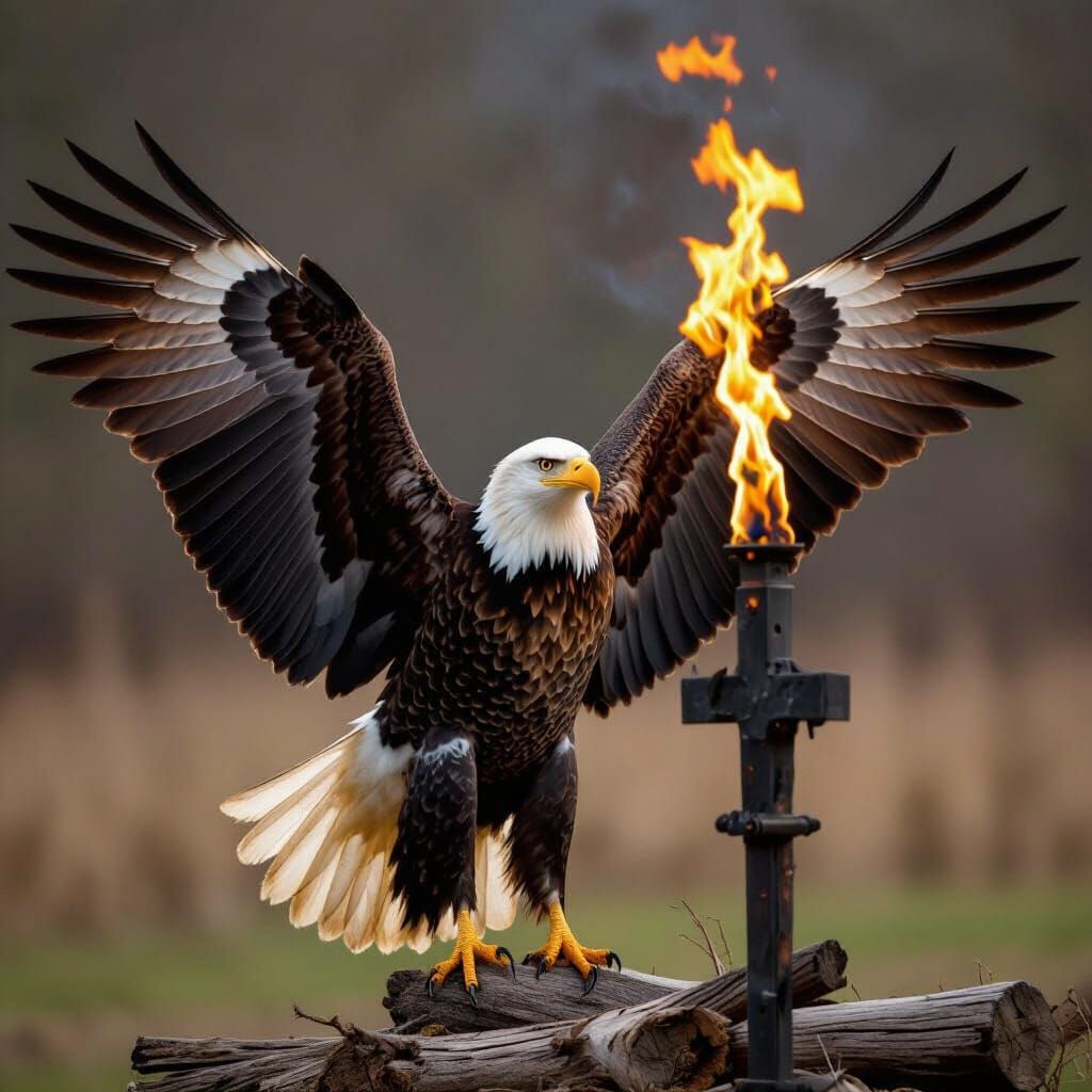 Majestic Bald Eagle Near Blazing Torch with Cross