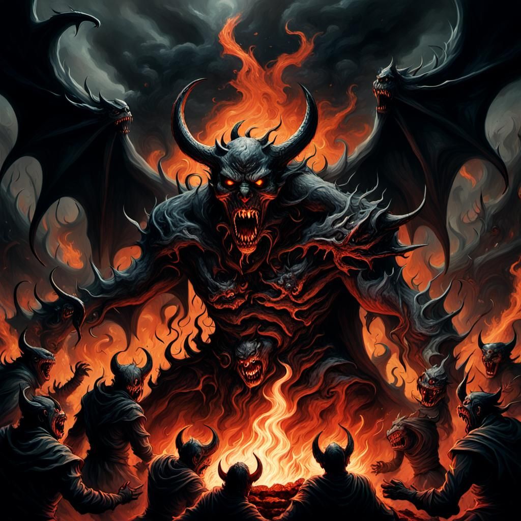 Demons Screaming into Fire: A Dark Fantasy Illustration
