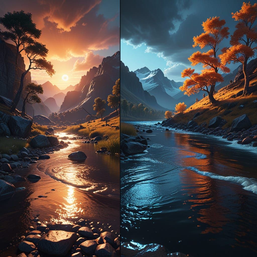 Day and Night Landscape in Digital Painting Style