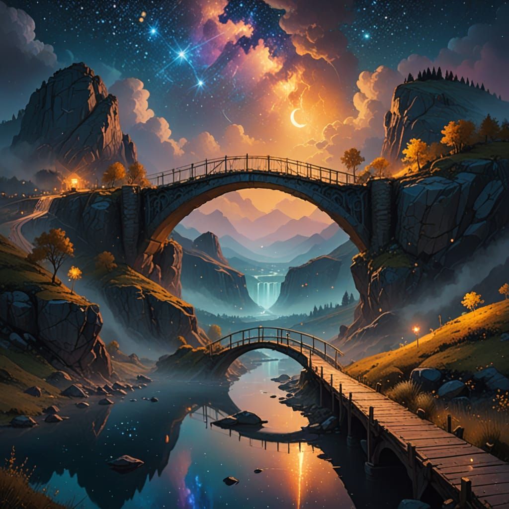 Mythical Bridge Under Starry Sky: Digital Matte Painting