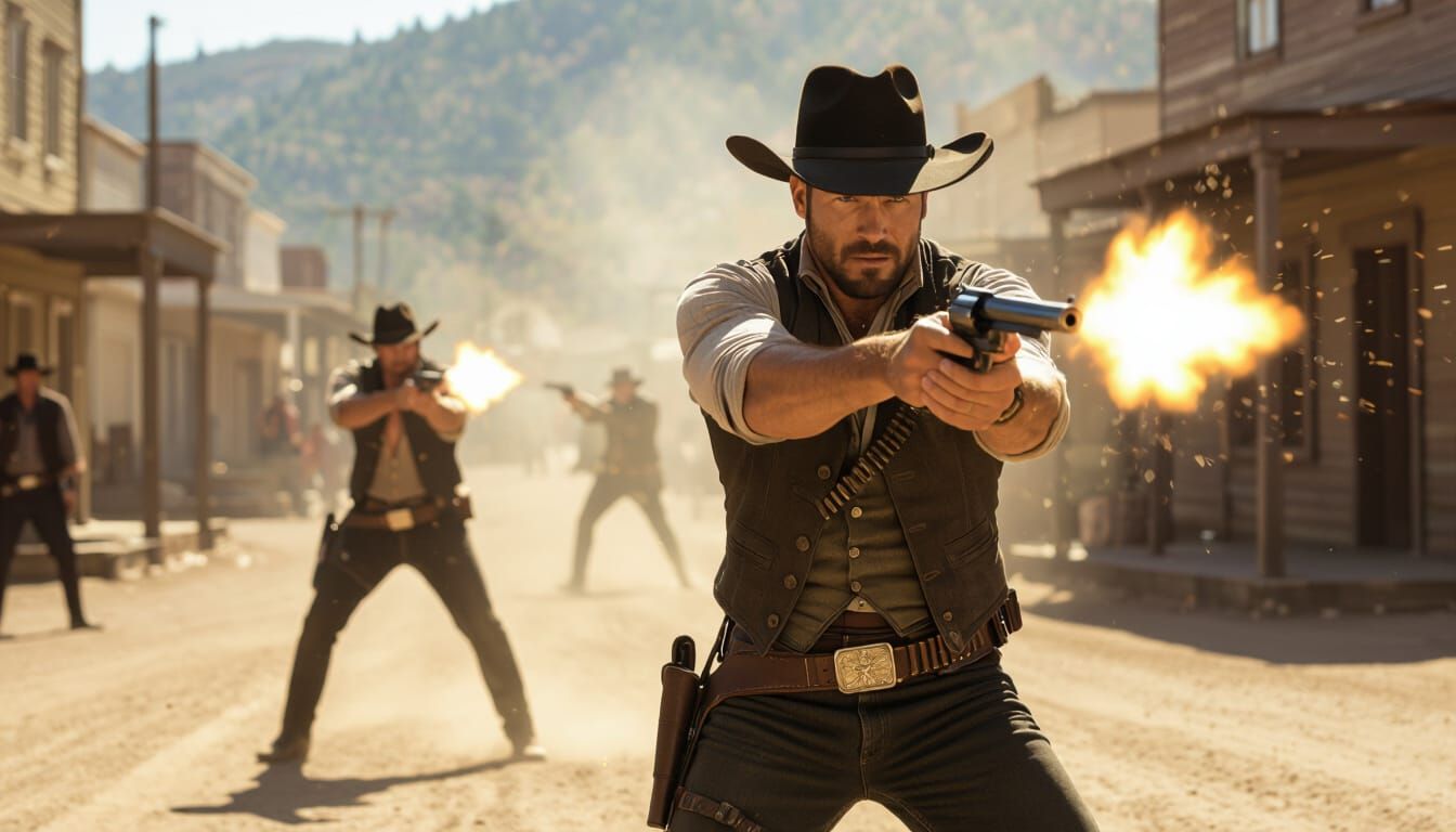 Intense Gunslingers Gunfight in Wild West Town