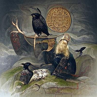 Odin with Huginn and Muninn in Medieval Style