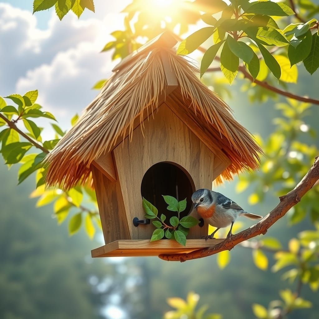 Birdhouse in Sunlight With Bird Perched Nearby
