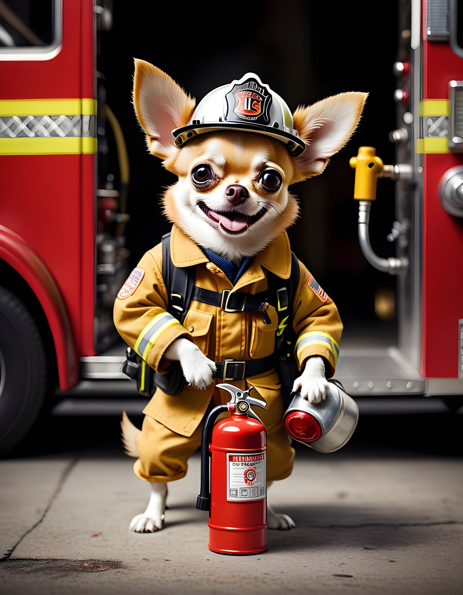Chihuahua Firefighter in Full Gear