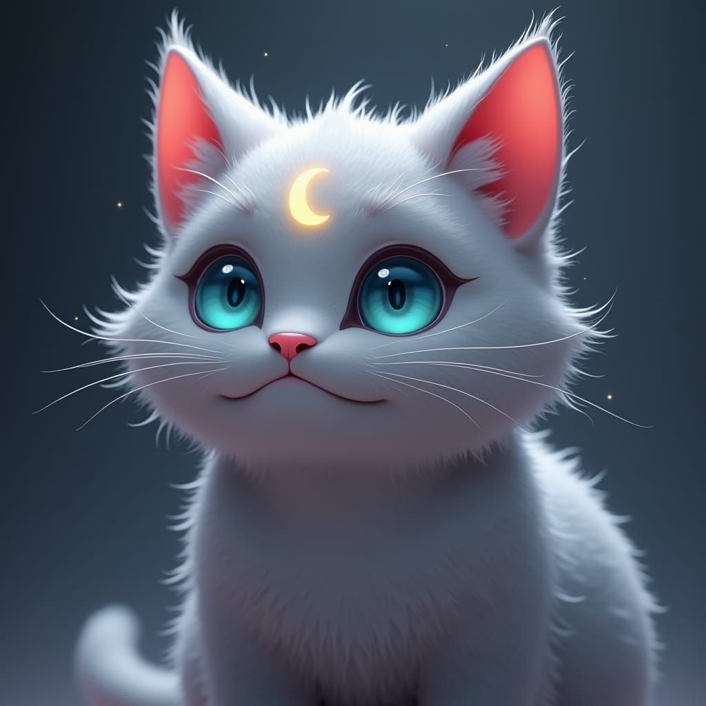 Anime Cat with Crescent Moon, Digital Art