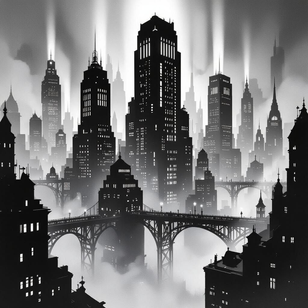 Expressionist Art Deco Cityscape in Film Noir Style