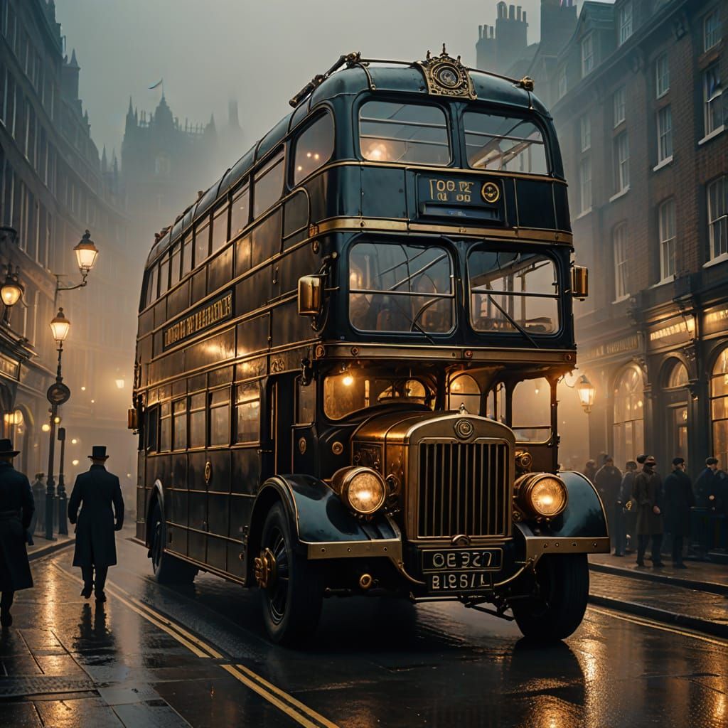 Steampunk London Double-Decker Bus in Fog