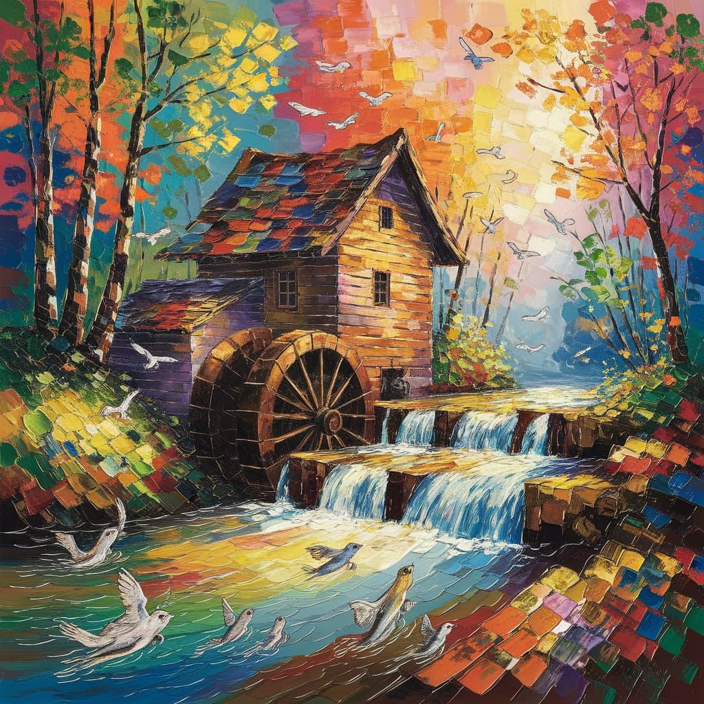 Ancient Water Mill in Whimsical Forest Scene