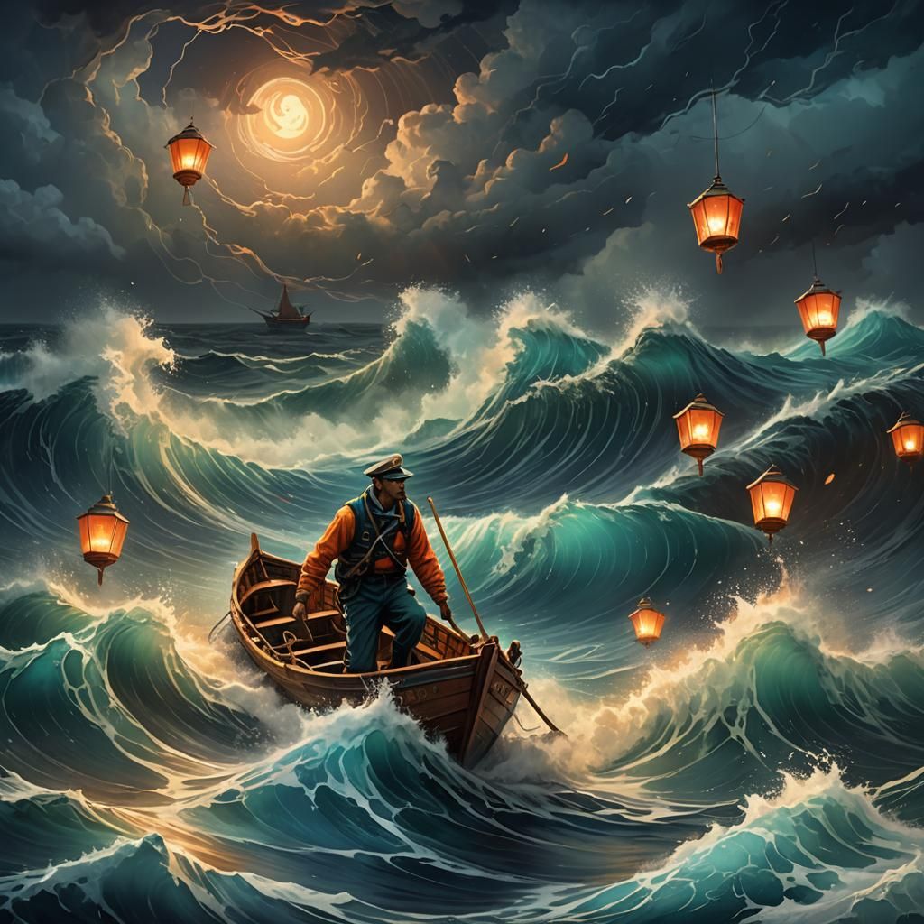 Lost Sailor Adrift in Stormy Sea: Digital Concept Art