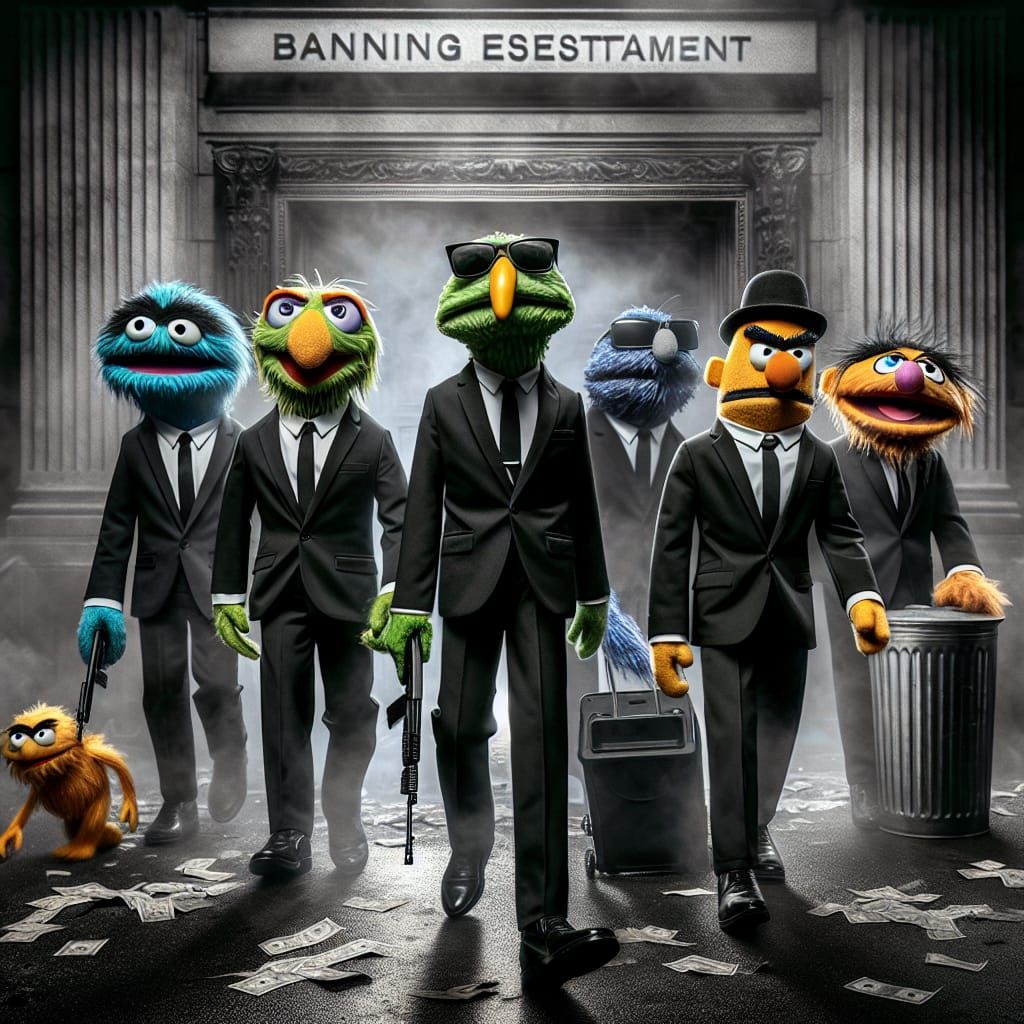 Black and white Reservoir dogs as Sesame Street characters Kermit Bert Ernie Grover Oscar  and Big Bird walking side by ...