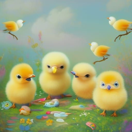 Whimsical Baby Chicks in Lush Meadow, Impressionistic Style