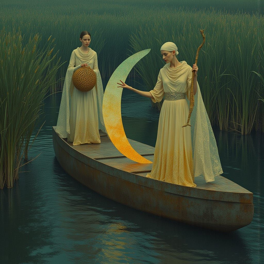 Regal Priestesses Transport Glowing Moon Through Reeds