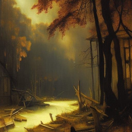 Cottage Ruins in Dark Forest: Impasto Gouache Style
