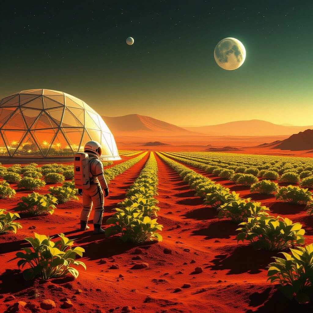 Astronaut Tends Alien Garden in Geodesic Dome on Mars