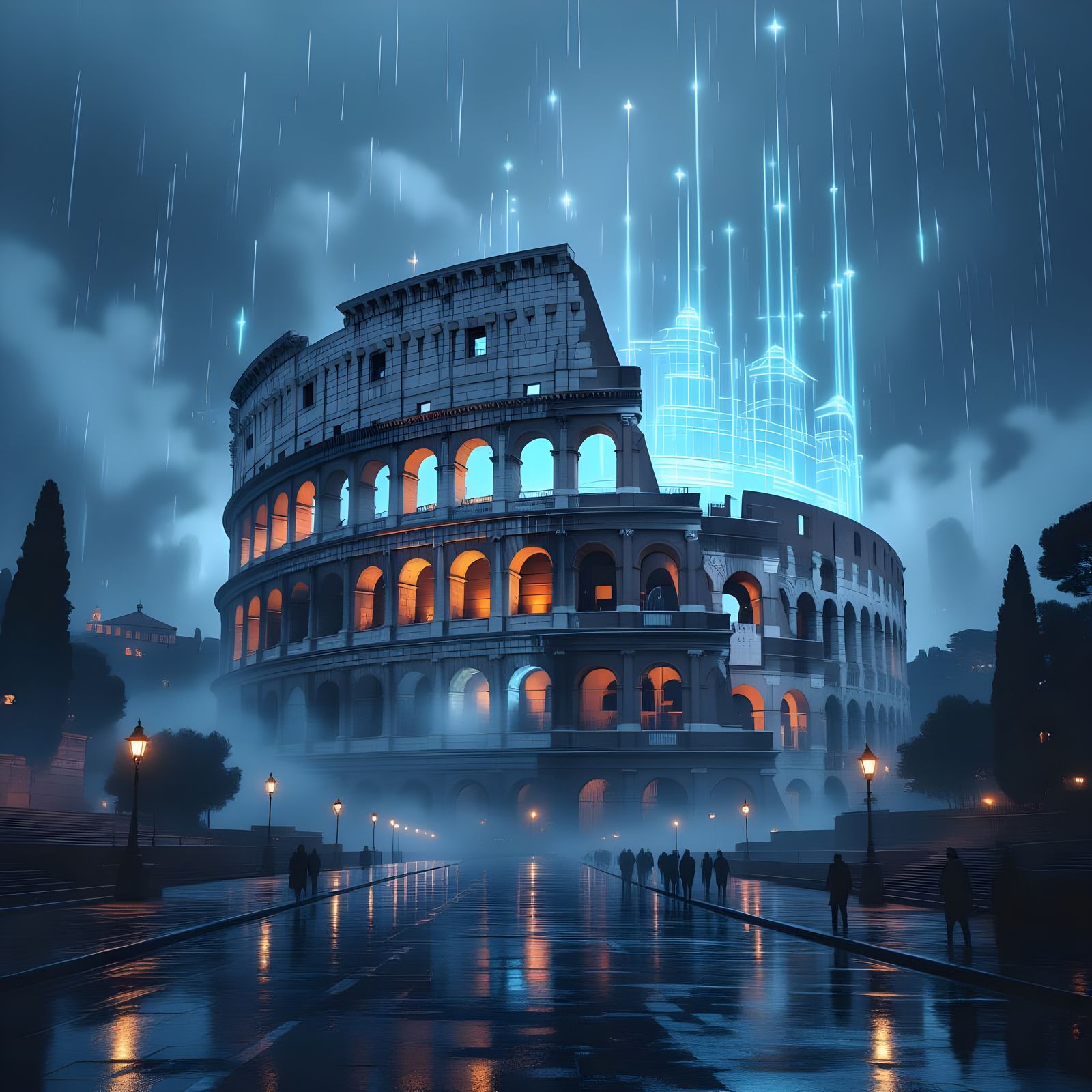 Neo-Classical Rome Meets Cyberpunk Cityscape Painting