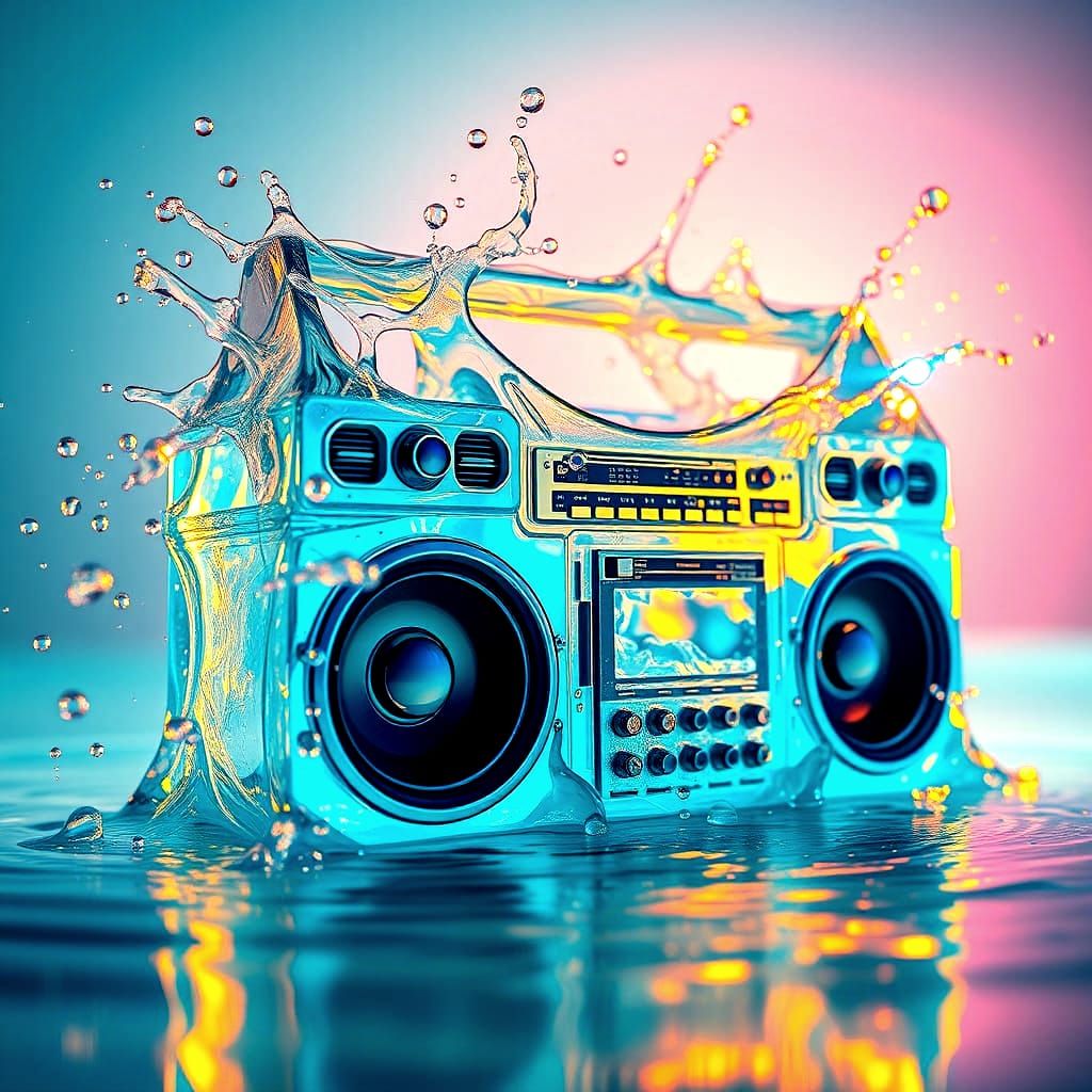Photorealistic Water Boombox Vibrating to Music