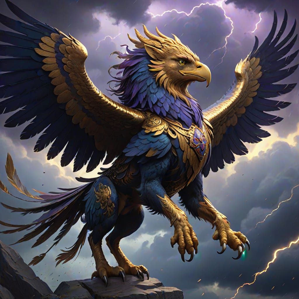 Griffin Soaring Through Stormy Sky in Dark Fantasy Art