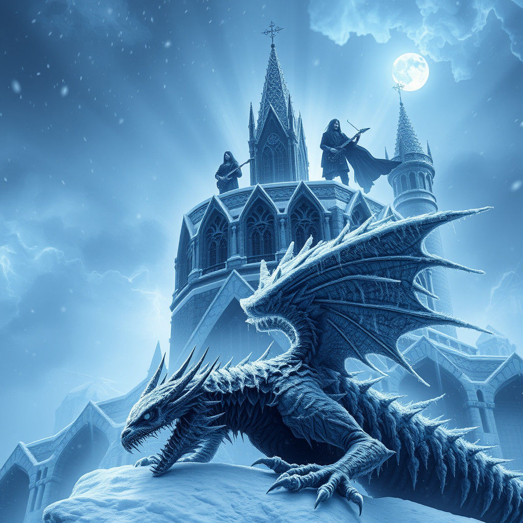 Ice Band on Gothic Citadel with Wyvern in Dark Fantasy