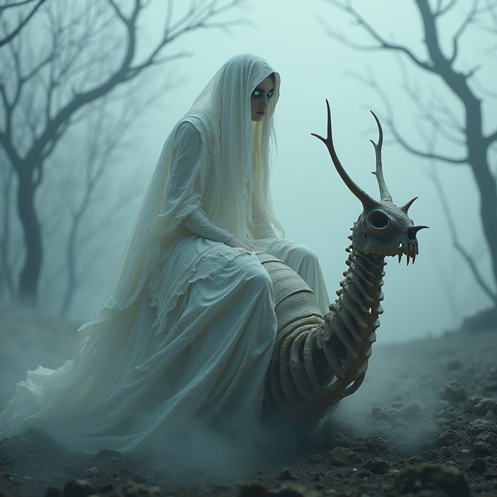 Ethereal Death Rides a Ghostly Snail in a Haunting Landscape