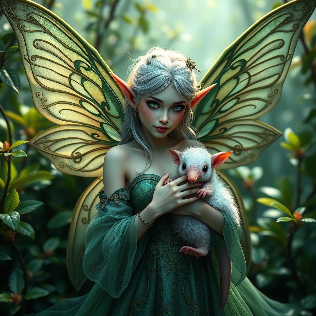 Whimsical Elf Fairy in Emerald Gown with Platypus Companion