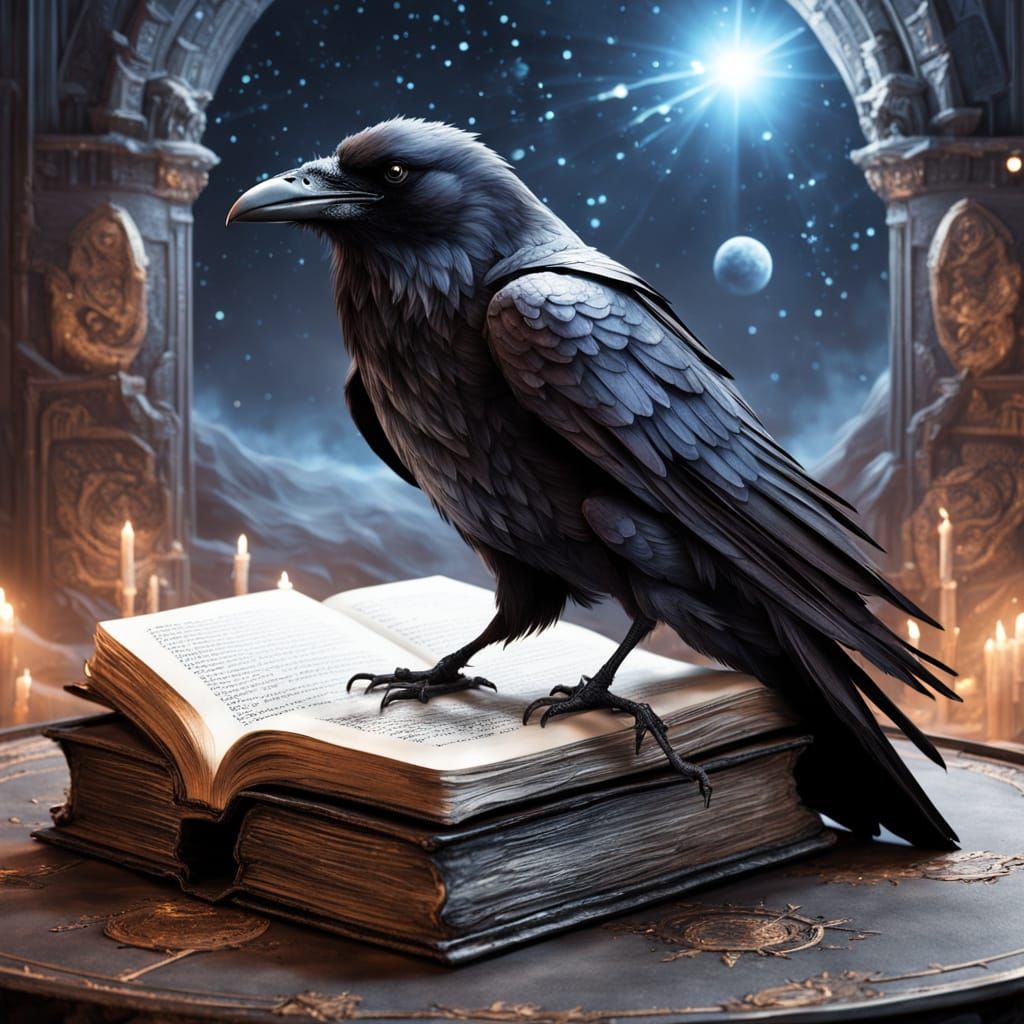 Wise Raven on Ancient Tome Under Cosmic Sky